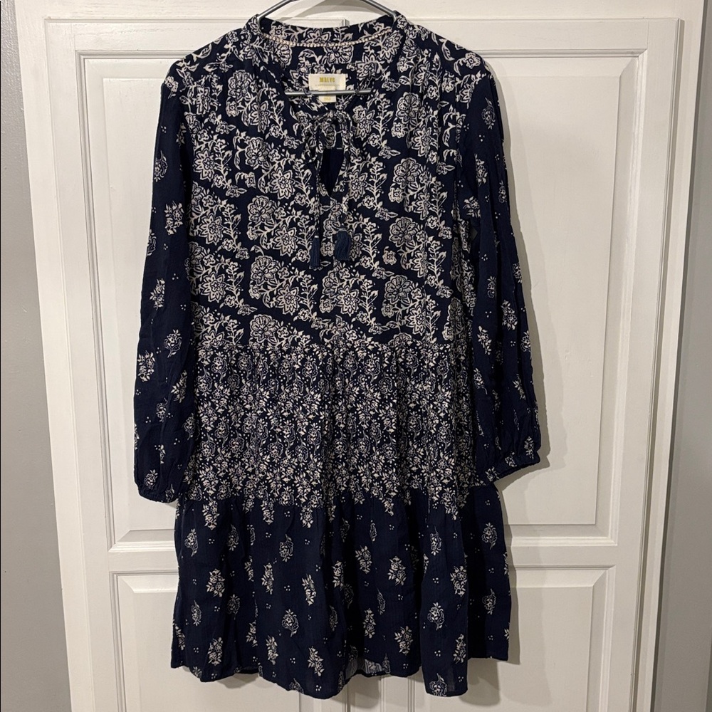 Anthropologie Maeve Carlita Blue/White Cotton Long Sleeve Tier Tunic Dress sz XS